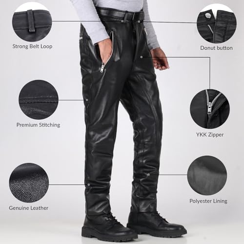Laverapelle Men's Genuine Lambskin Leather Pants (Black, Biker Pants) - 18040024