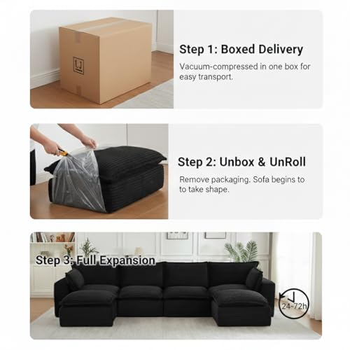 Image of 6 Piece Modular Sectional Sofa with 2 Ottomans -140 inch U Shaped Boneless Cloud Couch, Double-Layer Memory Foam Corduroy Foam Sofa, Oversized Living Room Furniture Set