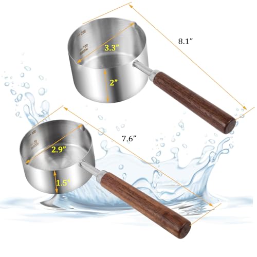 Kichwit Dog Food Scoop, 1 Cup and 1/2 Cup, 304 Stainless Steel Pet Food Scoop Measuring Cup with Wooden Handle, Set of 2 - Thumbnail 2