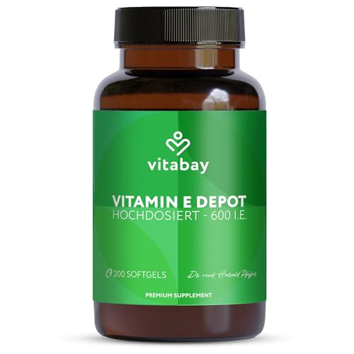 Vitabay Vitamin E 600 IE Depot – 200 Vegane Kapseln Hochdosiert mit Tocopherol & Tocotrienol – Trägt zum Schutz der Zellen vor oxidativem Stress bei – Laborgeprüft in Deutschland