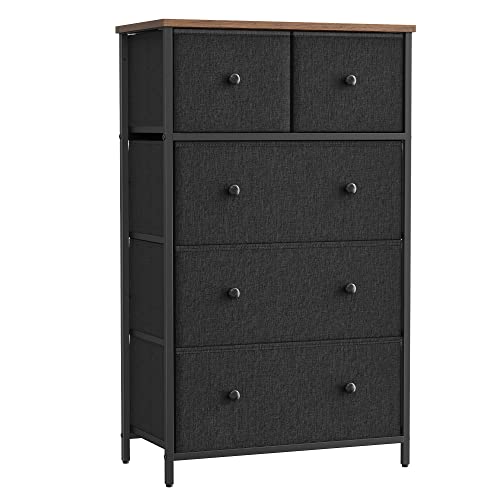 Image of SONGMICS Drawer Dresser, Storage Dresser Tower with 5 Fabric Drawers, Dresser Unit, for Hallway, Black and Rustic Brown ULTS514B01