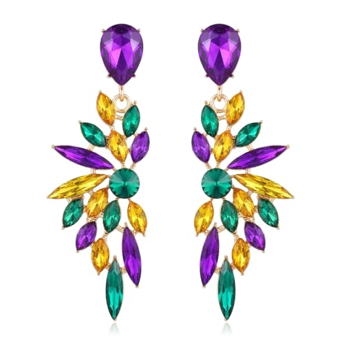 FENBORY Mardi Gras Purple Green Rhinestone Statement Earrings Crystal Ear Drop Dangle Teardrop Chandelier Earring Dangling Parade Carnival Jewelry Gift for Women