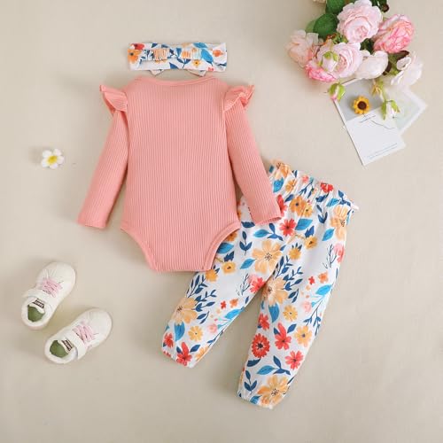 Image of Newborn Baby Girls Clothes Ribbed Ruffled Romper+Floral Pants+Headband Infant Outfit Set