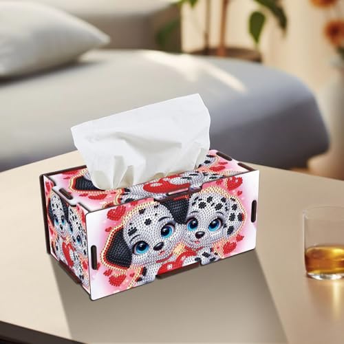 Image of DIY Diamond Art Tissue Box - Wooden Rhinestone Craft Kit with Dalmatian Dog & Red Heart Design, Cute Desktop Tissue Holder for Home Office Decoration