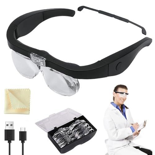 Gafas Lupa con Luz LED, 300% de Aumento, USB Recargable LED con luz de Lupa, 1.0X, 1.5X, 2.0X, 2.5X, 3.5X Manos Libres Lupa Gafas de Cabeza para el Trabajo de Cerca, aficiones, Lectura, artesanía,4 le