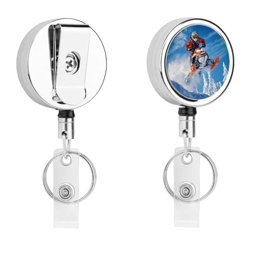 Snowmobile Action Snowy Scene Retractable Badge Holder Metal ID Name Holder Key Ring with Belt Clip