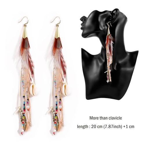 Bohemian Feather Dangle Earrings for Women with Shell Beads Long Tassel Design Drop Earrings4