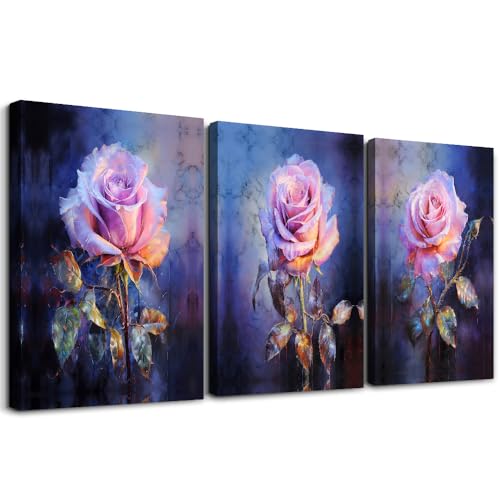DZRWUBHS Canvas Wall Decor for Bedroom Living Room Wall Pictures Rose Flowers Wall Art Painting Modern Office Floral Home Decorations Vintage Posters Minimalist Farmhouse Ready To Hang 3 Piece