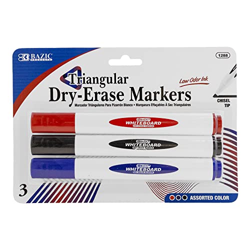 BAZIC Dry Erase Marker Assorted Color Chisel Tip, Whiteboard Pen Marcador, Low Odor Markers White Board Pens (3/Pack), 1-Pack