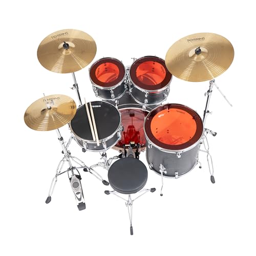 Image of TempoX Professional 5-Piece Acoustic Drum Set with 2 Cymbals & Hi-Hat (Black) | Heavy-Duty Double Braced Stands | Complete Full Drum Set Kit for Practice & Performance
