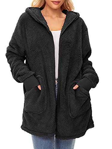 Century Star Women Fleece Cardigan Hooded Loose Fuzzy Cardigan Coat Womens Fuzzy Jacket Open Front Outwear Black Xx-Large #TOP1