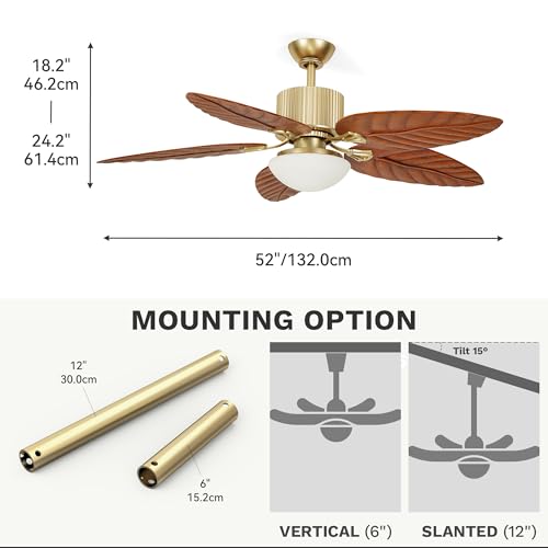 DWVO 52" Tropical Ceiling Fan with Light & Remote, Adjustable 3-Color Lighting, Quiet 6-Speed DC Motor, 5-Blade Reversible for Bedroom, Living Room & Indoor Use