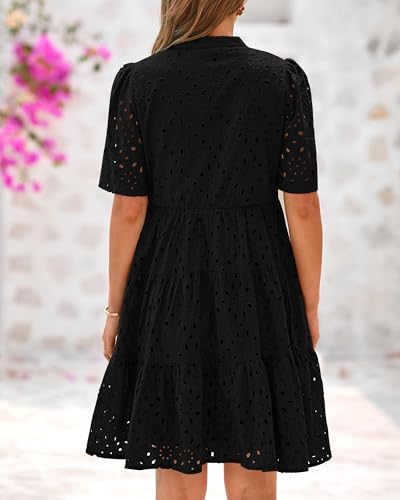 Image of BTFBM Womens Boho Summer Dresses 2026 Spring V Neck Short Sleeve Hollow Out Lace Ruffle Casual Beach Mini Vacation Dress