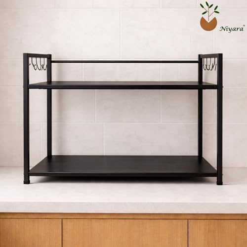 Image of Niyara Multipurpose 2-Tier Microwave Oven Stand Rack | Heavy Duty Metal Kitchen Storage Shelf Organizer with Side Hooks for Utensils, Jars & Appliances (Black)