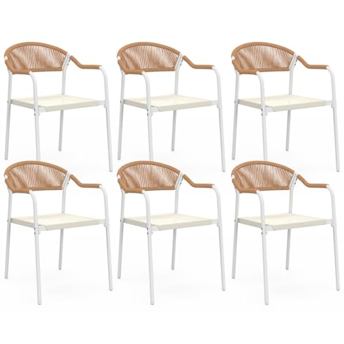 IDMarket - Lot de 6 chaises de Jardin Madeira métal Blanc Cordage et textilène Beige et rotin...