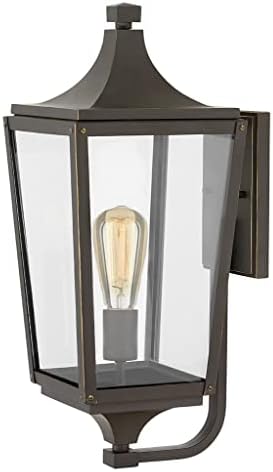 Hinkley Jaymes Medium Wall Mount Outdoor Lantern, Aluminum, Clear Glass Panes, Rivet Details, Cast Finials, Oil Rubbed Bronze Finish