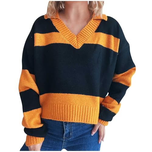 Women's Fashion Color Block Crop Sweater, Long Sleeve V-Neck Knit Casual Pullover Loose Comfy Daily Sweaters
