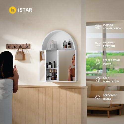 Image of iSTAR Wall Mounted Storage Mirror Cabinet, Bathroom Wall Mirror with Storage Shelf Mirror with Hidden Cabinet Organizer | Modern Wall Mounted for Bathroom, Bedroom, Washbasin (White)