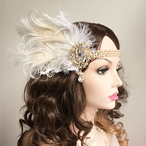 Fashey 1920s Headpiece for Women Peacock Feather Headband Flapper Gatsby Headband Headpiece Vintage Rhinestone Headwear Gatsby Hair Accessory for Woman and Girls