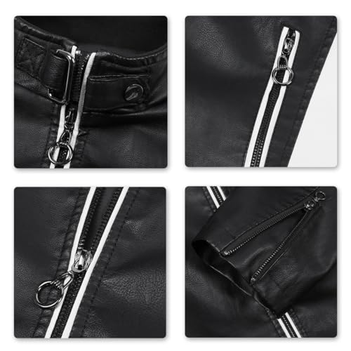 Image of Men's PU Faux Leather Jacket White Black Moto Bomber Fashion Slim Fit Coat