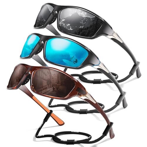 3 Pack Polarized Sports Sunglasses for Men, Mens Sunglasses Wrap Around UV Protection for Cycling Fishing Driving A07-gray/Ice Blue/Coffee