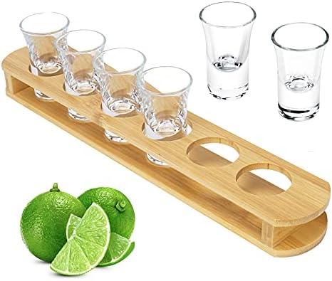 1 oz Shot Glasses with Holder, Shot Glass Set in Bamboo Wooden Shot Tray, D&Z 6 Heavy Base Shot Glasses for Whiskey/Vodka/Tequila/Cocktail/Soju, Shot Serving Tray, Good Helper for Bar/Restaurant/Party