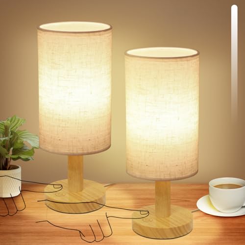 Image of Small Touch Table Lamps Set of 2 with Stepless Dimming&USB Plug, Natural Round Wood Base & Linen Fabric Shade |Soft Ambient Night Light |Minimalist Boho Bedside Lamp for Bedroom,Nursery,Kitchen,Dorm