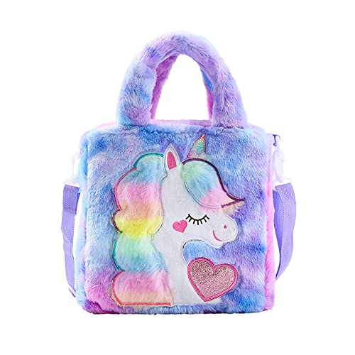 Ynredee Sacs à Main Licorne pour Enfants,Sac a Main Petite Fille,Adorable sac à dos licorne en peluche, mini sac à dos pour filles et femmes, en peluche douce arc-en-ciel, Sacs à main violets