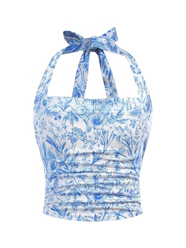 Image of Floerns Girl's Eyelet Embroidery Sleeveless Halter Vest Solid Ruched Crop Tank Top