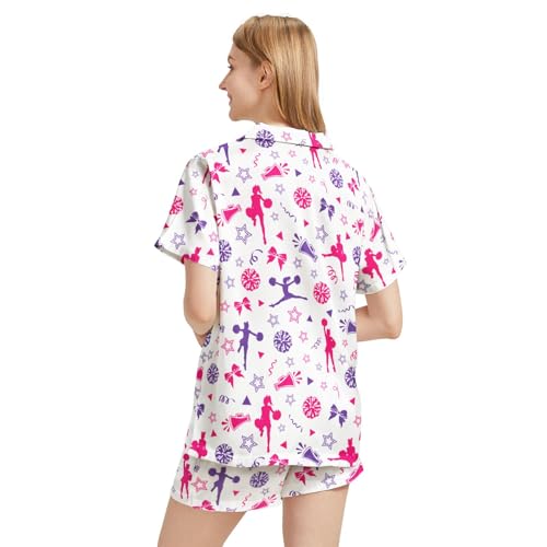 Image of Funny Pajamas for Women Set Print Satin Loungewear Pjs Short Sleeve Button Down Top and Shorts Sets Sleepwear XS-3XL