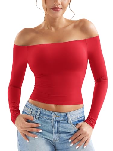 ZAAYO Long Sleeve Schulterfreies Oberteil Damen Y2K Crop Top Basic Langarmshirt Sport Tshirt Off Shoulder Gym Oberteil Damen Red L