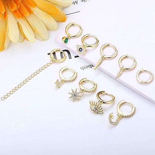 Adramata 10-16 PCS Gold Tone Plated Small Dangle Earrings Set With Charm For Women Mini Hoop Dangle Earrings CZ Huggie Hoop Earrings Gold Moon Star Evil Eye Hoop Earrings