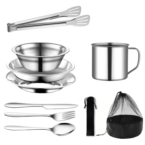 Set di stoviglie da campeggio, 10 pezzi, per 1 persona, in acciaio inox, per campeggio, gadget, set di posate da picnic, stoviglie da campeggio
