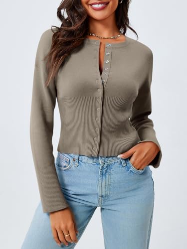 Image of Saodimallsu Womens Cropped Sweaters Cardigan | Button Down,Long Sleeve,V Neck,Ribbed Knit,Slim Fit ,Pullover Crop Tops