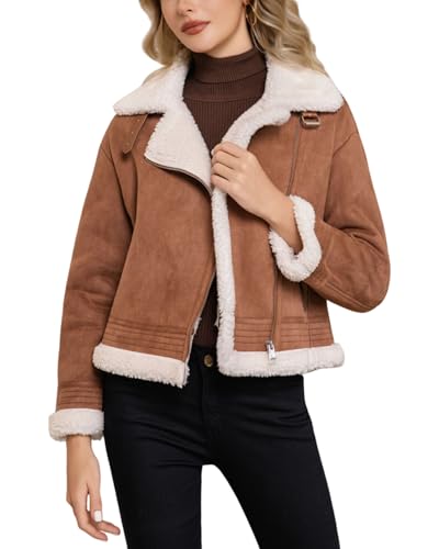 DIASHINY Women's Faux Shearing Fur Winter Coat Warm Thick Fur Lined Faux Leather Jacket