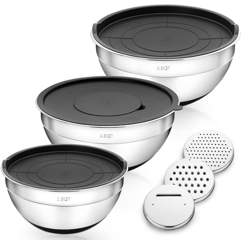 Bastwe Mixing Bowl Set of 3, Stainless Steel Salad Bowls with Airtight Lids for Baking/Cooking, Size 2.5/4 / 5QT, Non Slip Silicone Bottom Metal Nesting Bowls, Heavy Duty & Dishwasher Safe