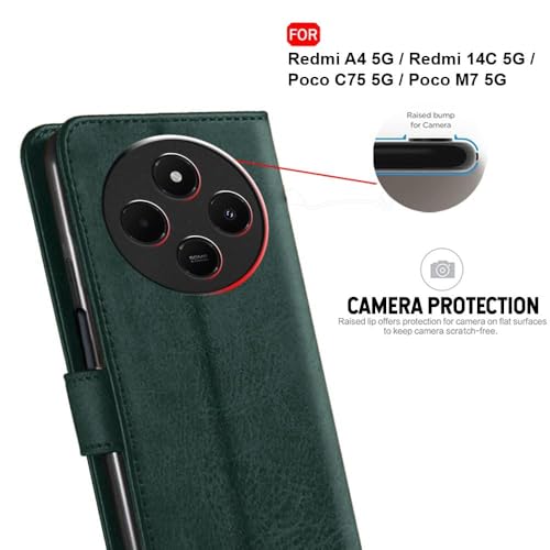 Image of Genuine Leather Finish Flip Back Cover Case for Mi Redmi A4 5G / Redmi 14C 5G / Poco C75 5G / Poco M7 5G | Inbuilt Pockets & Stand | Designer Button Magnet Flip Cover (Faux Leather (Green)