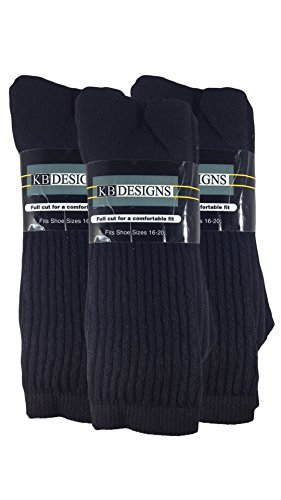 KB Design-Value Price- Full Cut Crew (Mid Calf) Socks -Style #KB602 - Black - 3 pk - Sizes 16-20