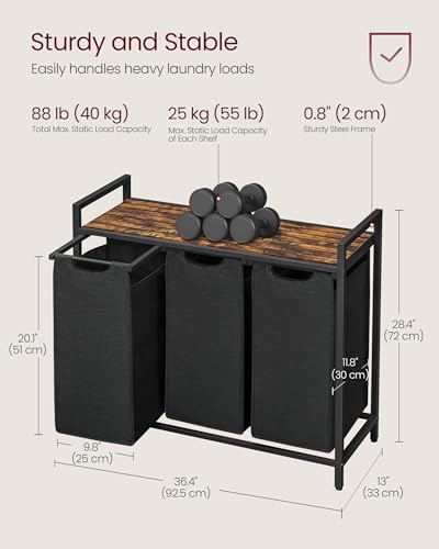 VASAGLE Laundry Hamper, Laundry Basket, Laundry Sorter with 3 Pull-Out and Removable Bags, Shelf, Metal Frame, 3 x 10.6 Gallons (40 L), 36.4 x 13 x 28.4 Inches, Ink Black and Rustic Brown UBLH301B01 - Image 4