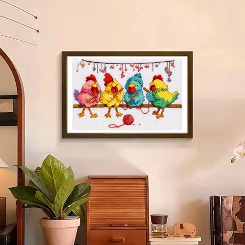 Image of Zhenqing Charming Knitting Chickens Cross Stitch Kit for Beginners - 11CT Printed 12x20inch Aida Cloth, Threads & Needle Included (No Hoop /Scissors)(67427)