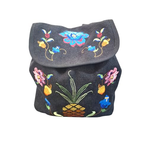 FARM RIO Bolsa Mochila em Juta, Preta com Bordados Flores e Frutas, Artesanal, 32x26x13 cm, 2 Compartimentos, Alça Dupla Ajustável, Fechamento Cordão e Magnético