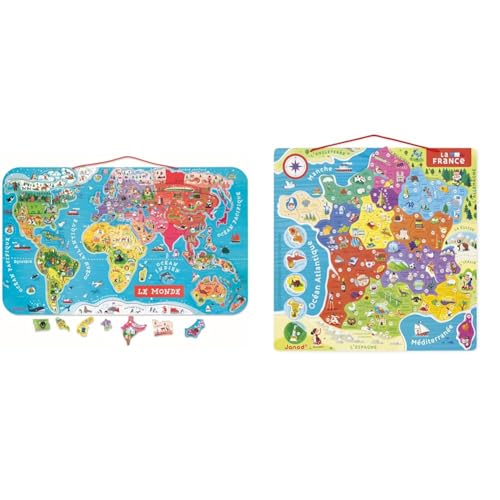 Janod - Puzzle Carte du Monde et de France Magnétique en Bois - 185 Pièces Aimantées - 70 x 43 cm & 93 Pièces Aimantées - Puzzle Enfant 7 - 12 ans