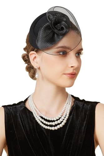 BABEYOND Fascinators Hats for Women - Tea Party Hat Kentucky Fascinator Derby Flower Mesh Pillbox Hat for Bridal Wedding Black
