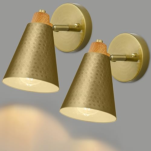 Image of Gold Wall Sconces Set of Two,Industrial Hammered Metal Wall Lights Set of 2,Unique Bathroom Light Fixture,Vintage Brass Vanity Wall Lights for Bathroom,Livingroom,Bedside,Hallway