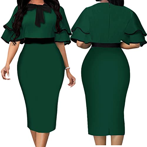 Women's Bodycon Pencil Dress Elegant Short Ruffles Sleeve Crew Neck Midi Pencil Dress Outfits Business Layered Bell Sleeve Dress For Work With Bowknot(Green,Xl) #TOP3