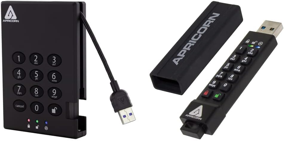 Apricorn 500GB Aegis Padlock USB 3.0 256-bit AES XTS Hardware Encrypted Portable External Hard Drive (A25-3PL256-500) and Apricorn 32GB Aegis Secure Key 3Z 256-bit AES XTS Hardware Encrypted FIPS 140-2 Level 3 Validated Secure USB 3.0 Flash Drive (ASK3Z-32GB),Black