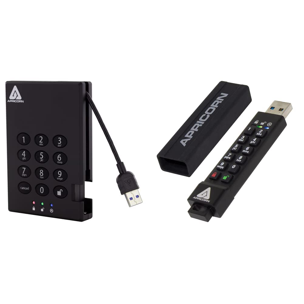 Apricorn500GB Aegis Padlock USB 3.0 256-bit AES XTS Hardware Encrypted Portable External Hard Drive (A25-3PL256-500) and Apricorn 32GB Aegis Secure Key 3Z 256-bit AES XTS Hardware Encrypted FIPS 140-2 Level 3 Validated Secure USB 3.0 Flash Drive (ASK3Z-32GB),Black