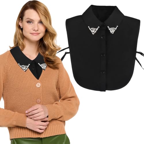 UEIOAVL Bluse e camicie da donna, 1 pz Elegante scollatura Inserto Scollatura Donna Mezza Camicia Staccabile Top con Strass Collo Finto Camicia Scollatura con Perle (Nero)