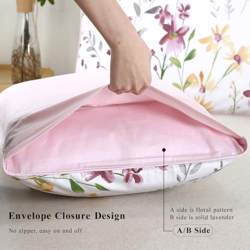 WINLIFE 100% Cotton Pillowcases Set of 2 Garden Floral Printed Pillow Cases Soft and Breathable Pillow Cover (Queen Size 20x30'', Lilac)