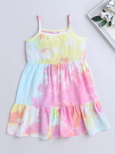 Image of The Magic Wand Rayon Tie & Dye Print Kids Dress Girls, Sleeveless Frocks Regular Fit Midi Singlet Strappy Dresses, Multicolor, 3-4 Year